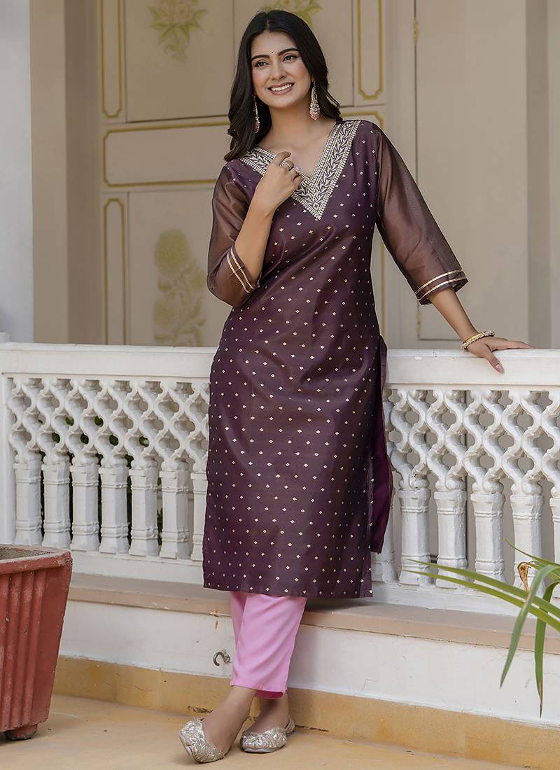 Shimmer silk purple casual wear embroidery work readymade kurti