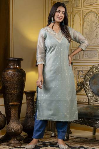 Shimmer silk sky blue casual wear embroidery work readymade kurti