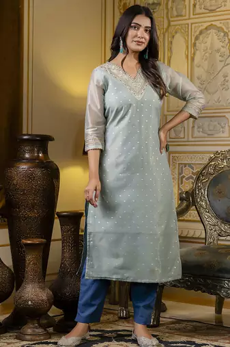 Shimmer silk sky blue casual wear embroidery work readymade kurti