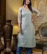 Shimmer silk sky blue casual wear embroidery work readymade kurti