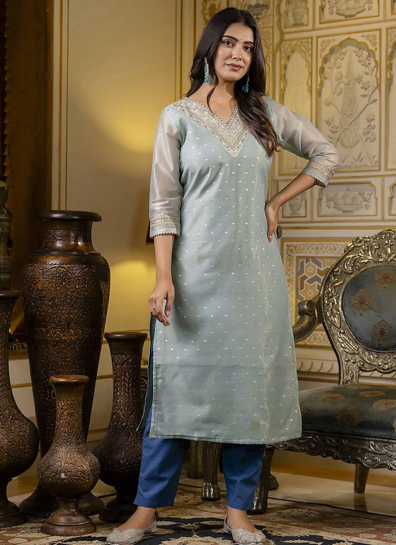 Shimmer silk sky blue casual wear embroidery work readymade kurti