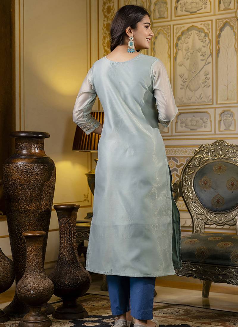 Shimmer silk sky blue casual wear embroidery work readymade kurti