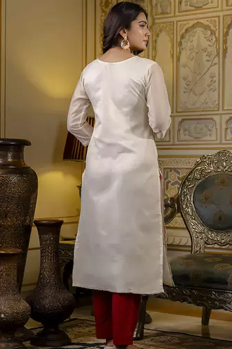 Shimmer silk white casual wear embroidery work readymade kurti