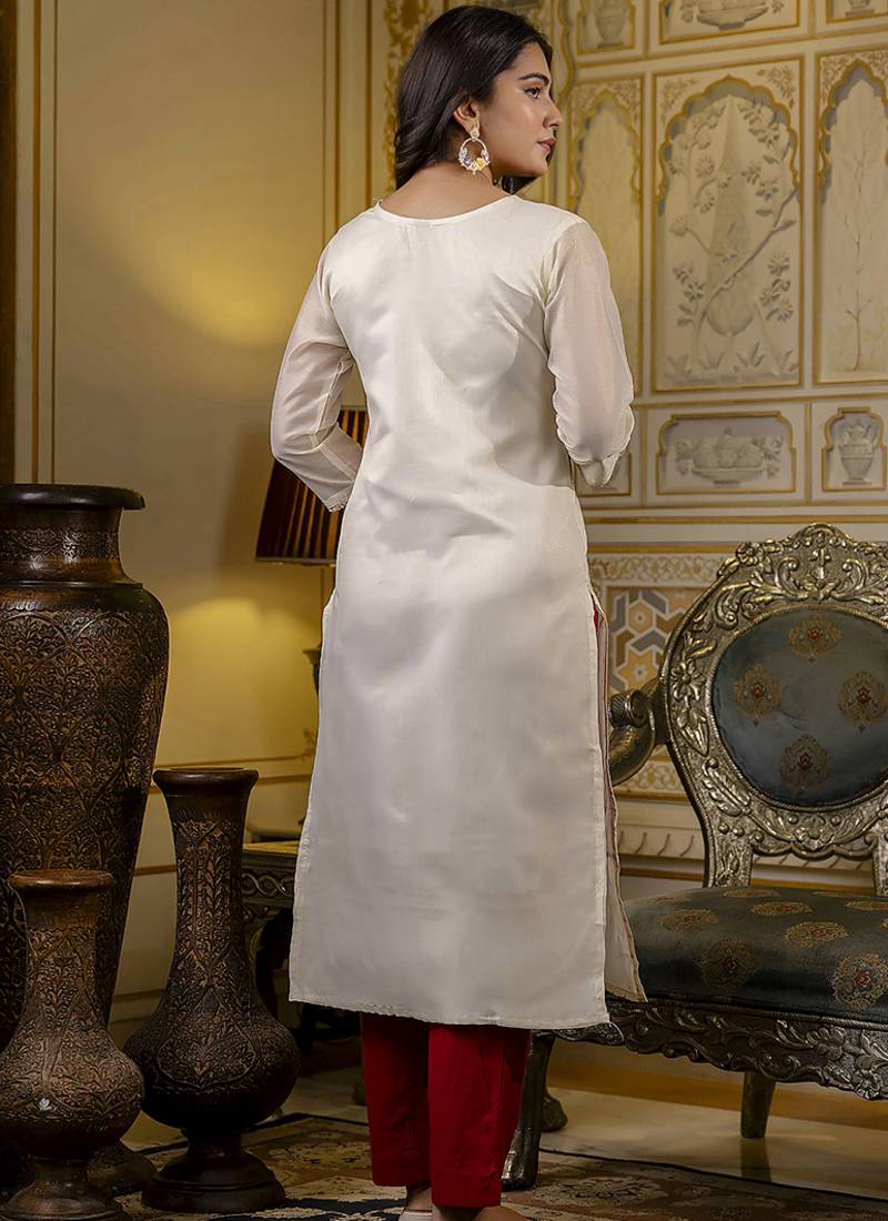 Shimmer silk white casual wear embroidery work readymade kurti