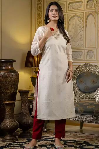 Shimmer silk white casual wear embroidery work readymade kurti