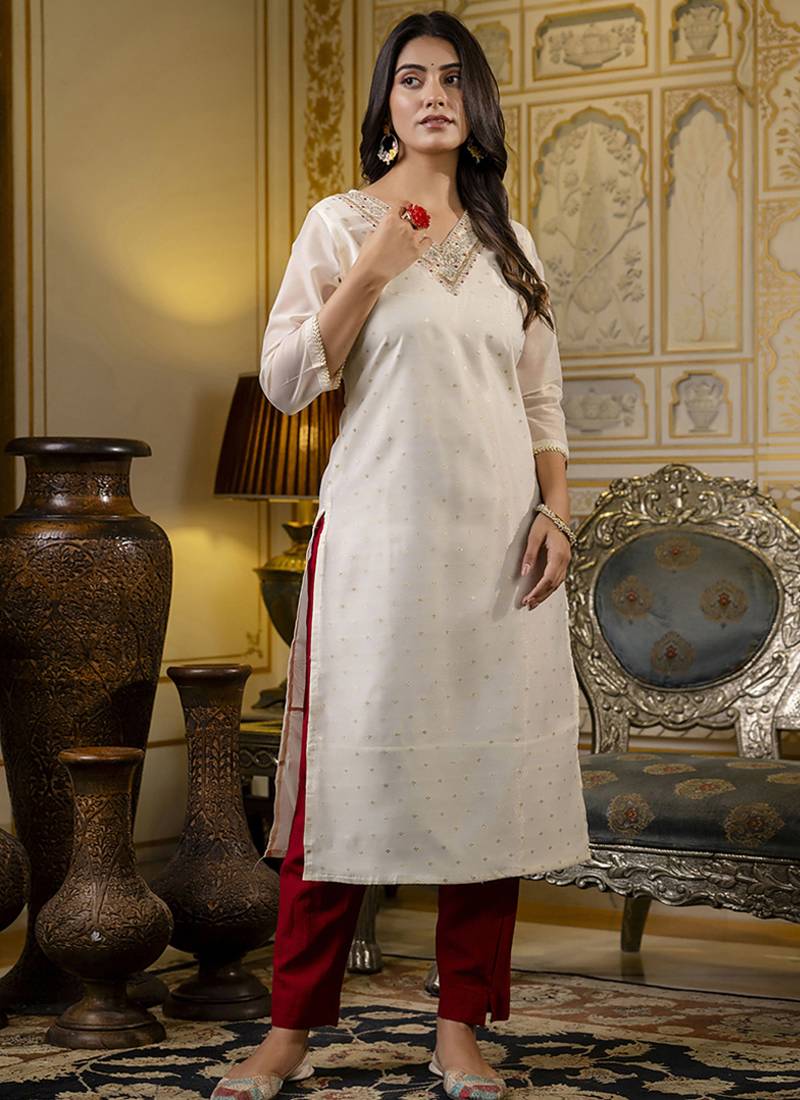 Shimmer silk white casual wear embroidery work readymade kurti