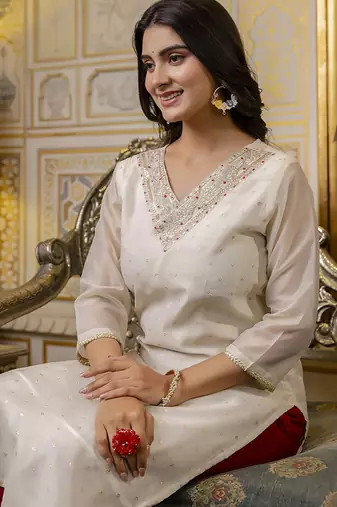 Shimmer silk white casual wear embroidery work readymade kurti