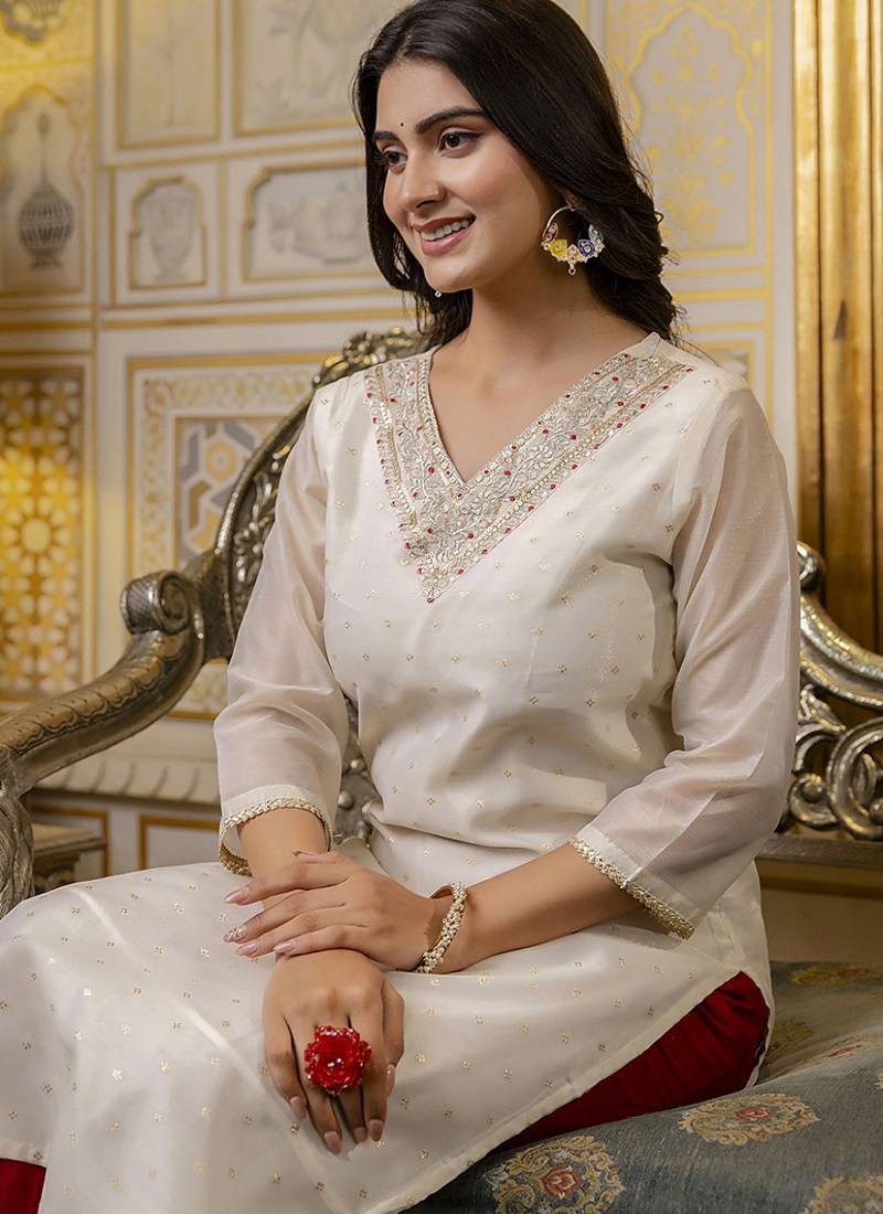 Shimmer silk white casual wear embroidery work readymade kurti