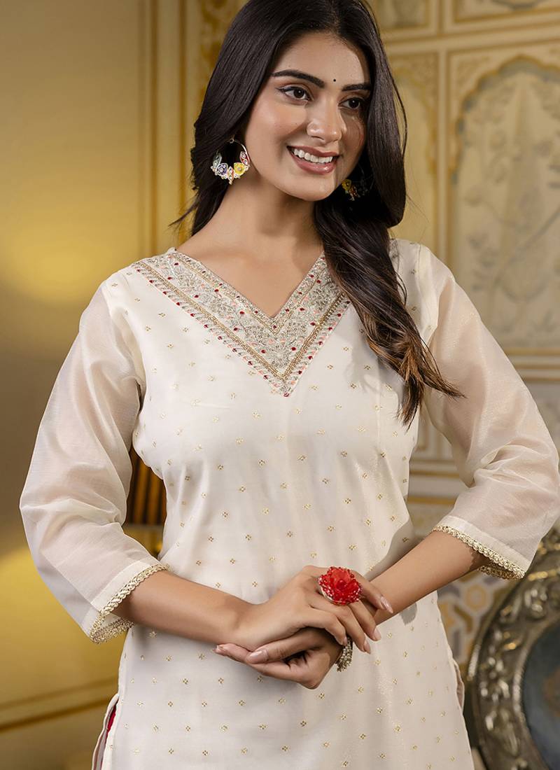 Shimmer silk white casual wear embroidery work readymade kurti