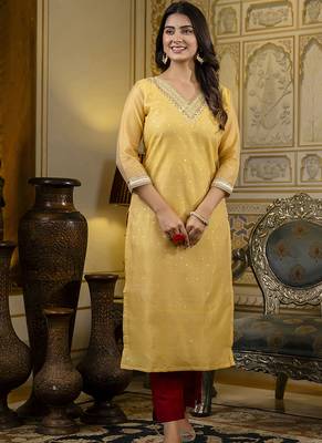 Shimmer silk yellow casual wear embroidery work readymade kurti 1
