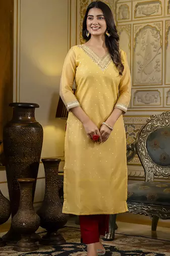 Shimmer silk yellow casual wear embroidery work readymade kurti