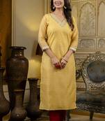 Shimmer silk yellow casual wear embroidery work readymade kurti