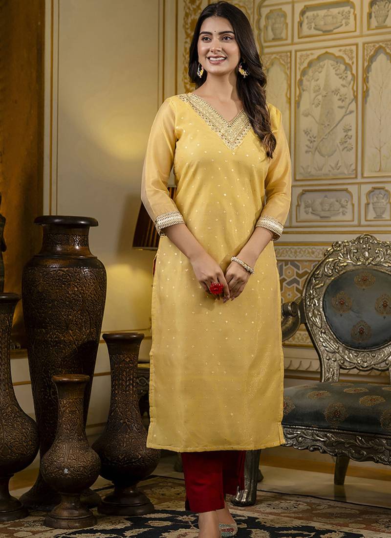 Shimmer silk yellow casual wear embroidery work readymade kurti