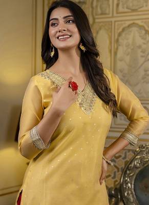 Shimmer silk yellow casual wear embroidery work readymade kurti 2