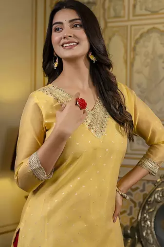Shimmer silk yellow casual wear embroidery work readymade kurti