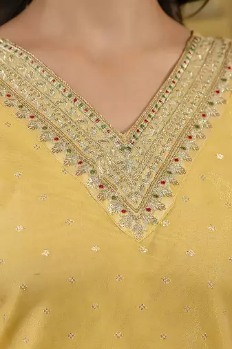Shimmer silk yellow casual wear embroidery work readymade kurti