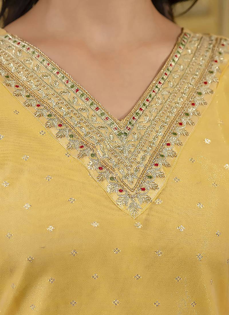 Shimmer silk yellow casual wear embroidery work readymade kurti