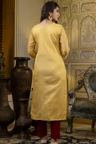 Shimmer silk yellow casual wear embroidery work readymade kurti