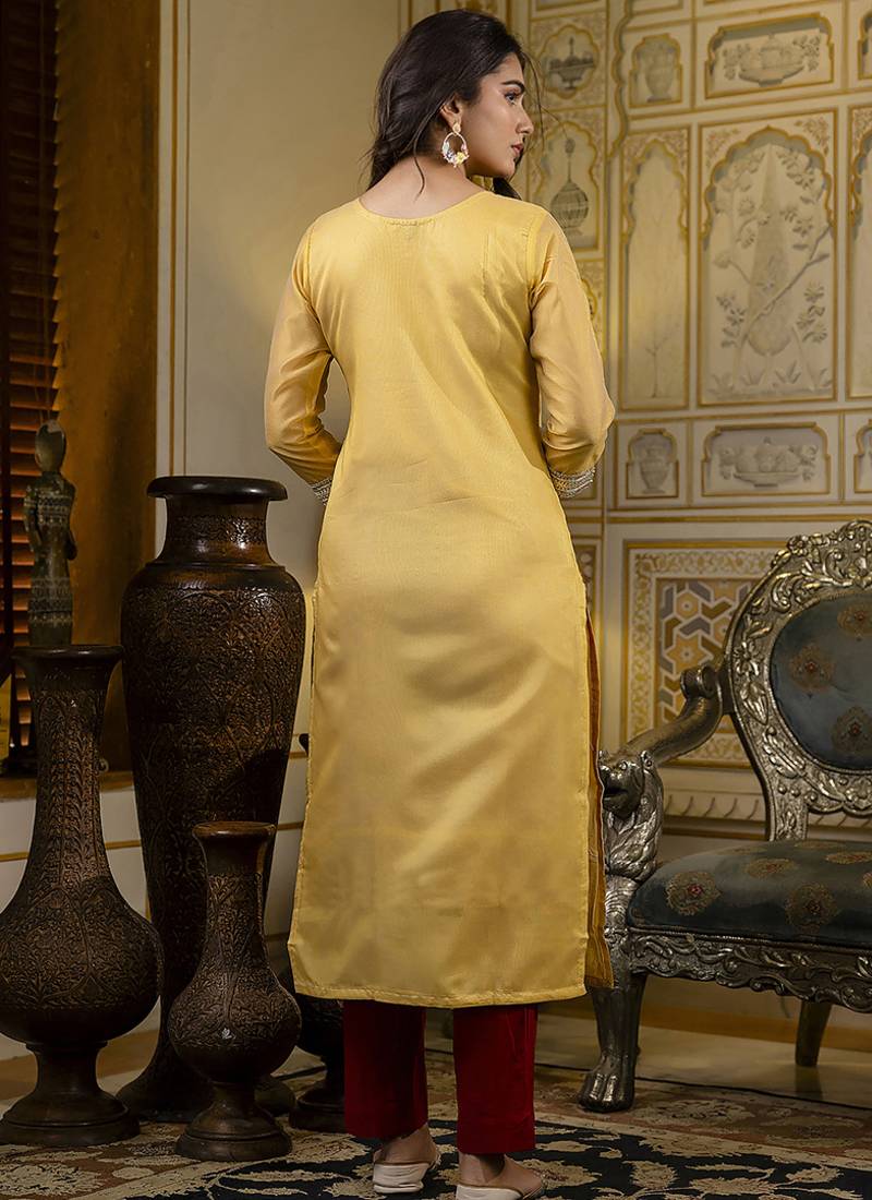 Shimmer silk yellow casual wear embroidery work readymade kurti