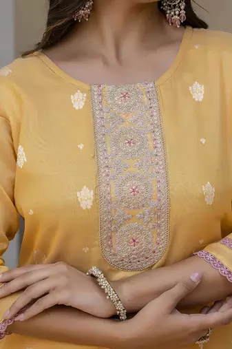 Shimmer silk mustard casual wear embroidery work readymade kurti