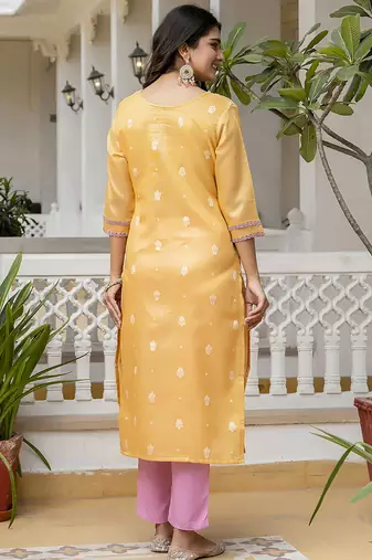 Shimmer silk mustard casual wear embroidery work readymade kurti