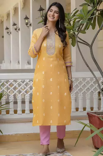 Shimmer silk mustard casual wear embroidery work readymade kurti