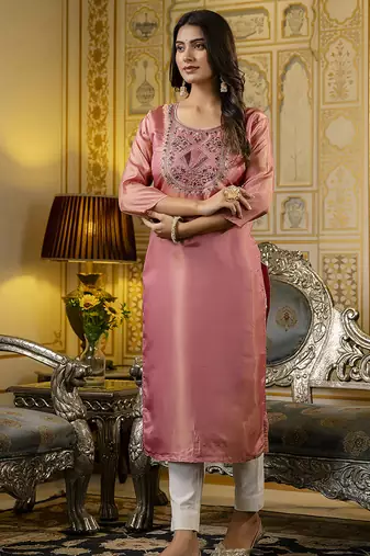 Shimmer silk baby pink casual wear embroidery work readymade kurti