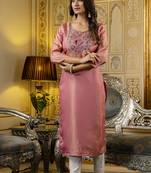 Shimmer silk baby pink casual wear embroidery work readymade kurti