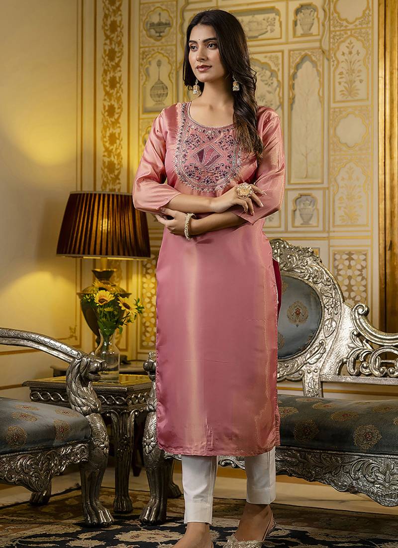 Shimmer silk baby pink casual wear embroidery work readymade kurti