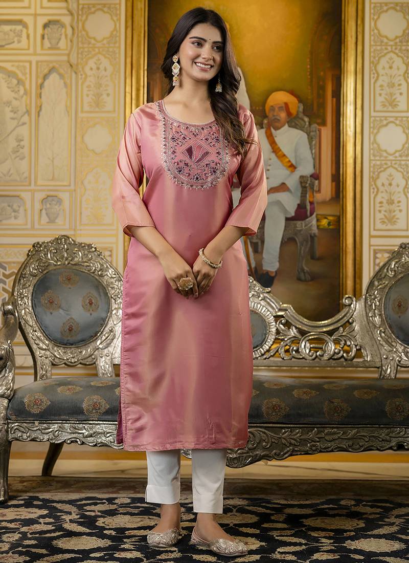 Shimmer silk baby pink casual wear embroidery work readymade kurti