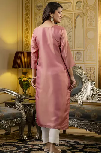 Shimmer silk baby pink casual wear embroidery work readymade kurti