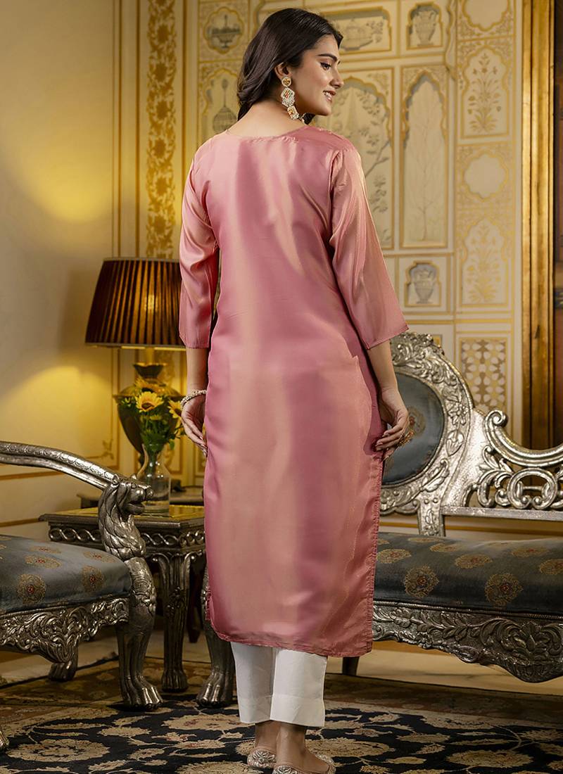 Shimmer silk baby pink casual wear embroidery work readymade kurti