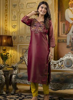 Shimmer silk brown casual wear embroidery work readymade kurti 1