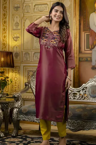 Shimmer silk brown casual wear embroidery work readymade kurti