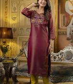 Shimmer silk brown casual wear embroidery work readymade kurti