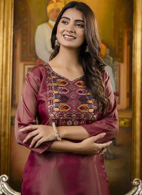 Shimmer silk brown casual wear embroidery work readymade kurti 2
