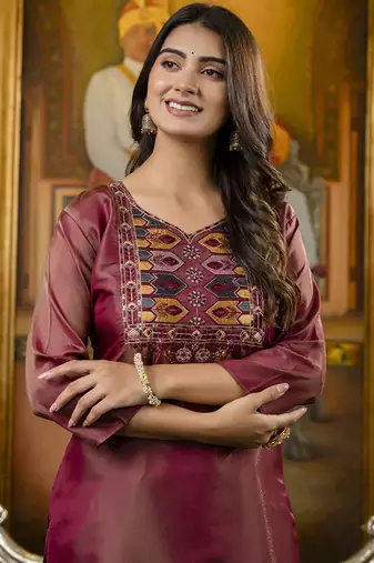 Shimmer silk brown casual wear embroidery work readymade kurti