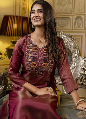 Shimmer silk brown casual wear embroidery work readymade kurti 3