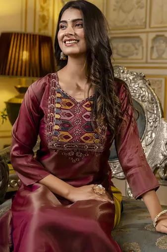 Shimmer silk brown casual wear embroidery work readymade kurti
