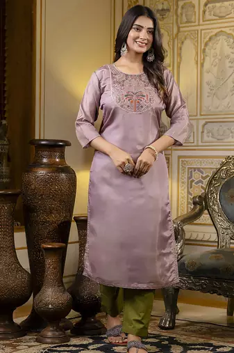 Shimmer silk lavender casual wear embroidery work readymade kurti