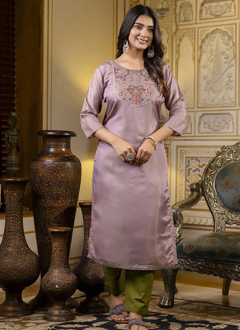 Shimmer silk lavender casual wear embroidery work readymade kurti