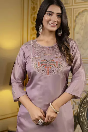 Shimmer silk lavender casual wear embroidery work readymade kurti