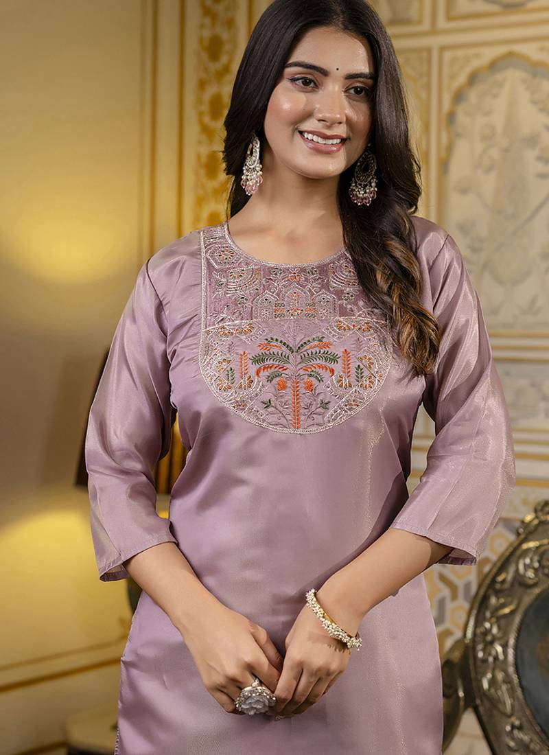 Shimmer silk lavender casual wear embroidery work readymade kurti