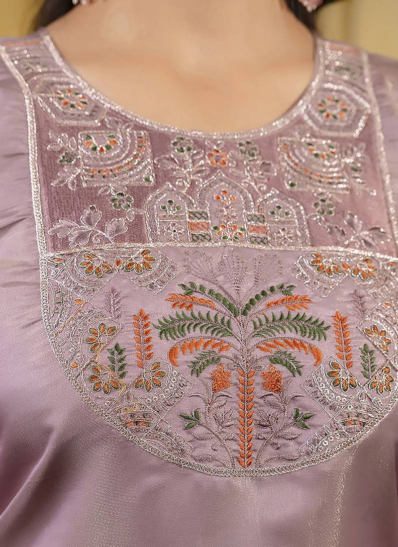 Shimmer silk lavender casual wear embroidery work readymade kurti