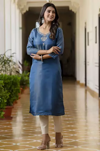 Shimmer silk teal casual wear embroidery work readymade kurti