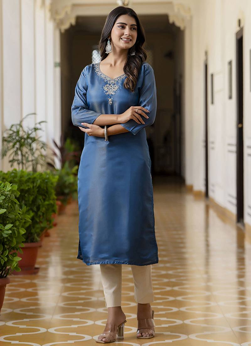 Shimmer silk teal casual wear embroidery work readymade kurti