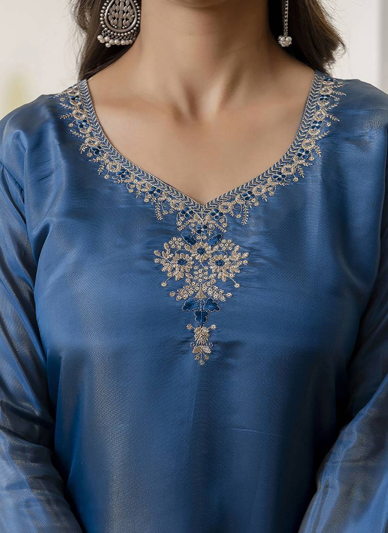 Shimmer silk teal casual wear embroidery work readymade kurti