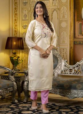 Shimmer silk cream casual wear embroidery work readymade kurti 1