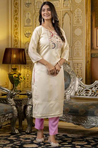 Shimmer silk cream casual wear embroidery work readymade kurti