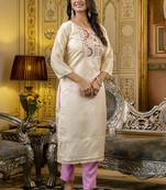 Shimmer silk cream casual wear embroidery work readymade kurti